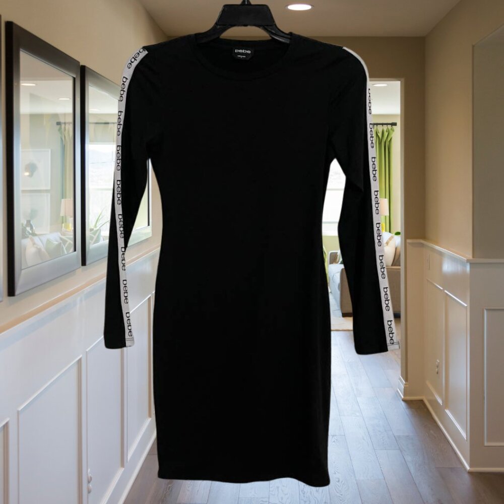 Bebe Black Logo Tape Sleeve Bodycon Dress Size Small Stretch Long Sleeve Y2 - Picture 2 of 11